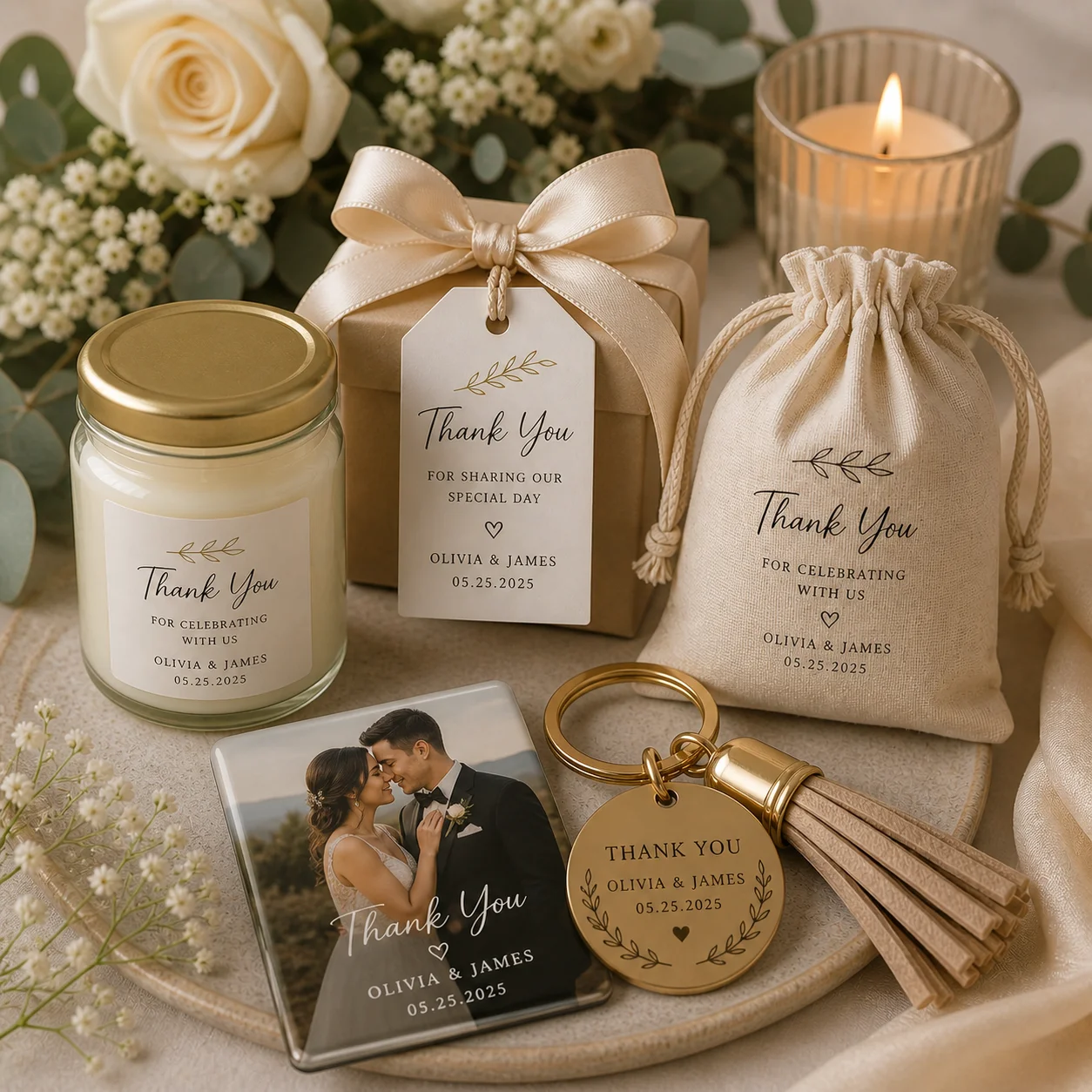Wedding event favors displayed on a table — which ones do guests actually keep?