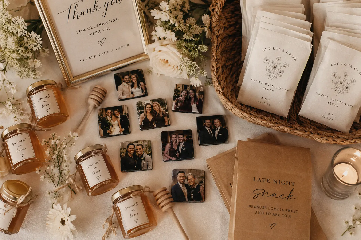 Wedding favor table with custom photo magnets, honey jars, wildflower seed packets and late night snack bags