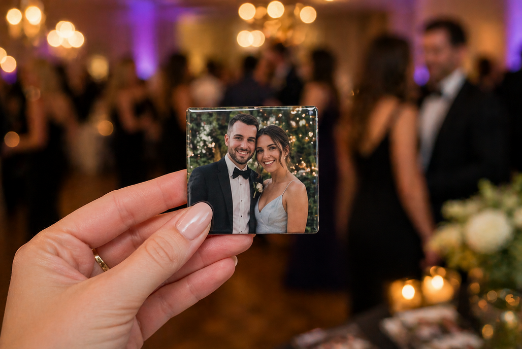 Hand holding a photo magnet of a couple